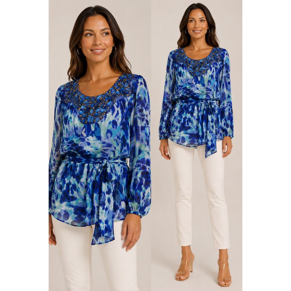 Cache Blue Elaborate Embellished Peasant Boho Top + Belt Sheer Illusion $138 NWT